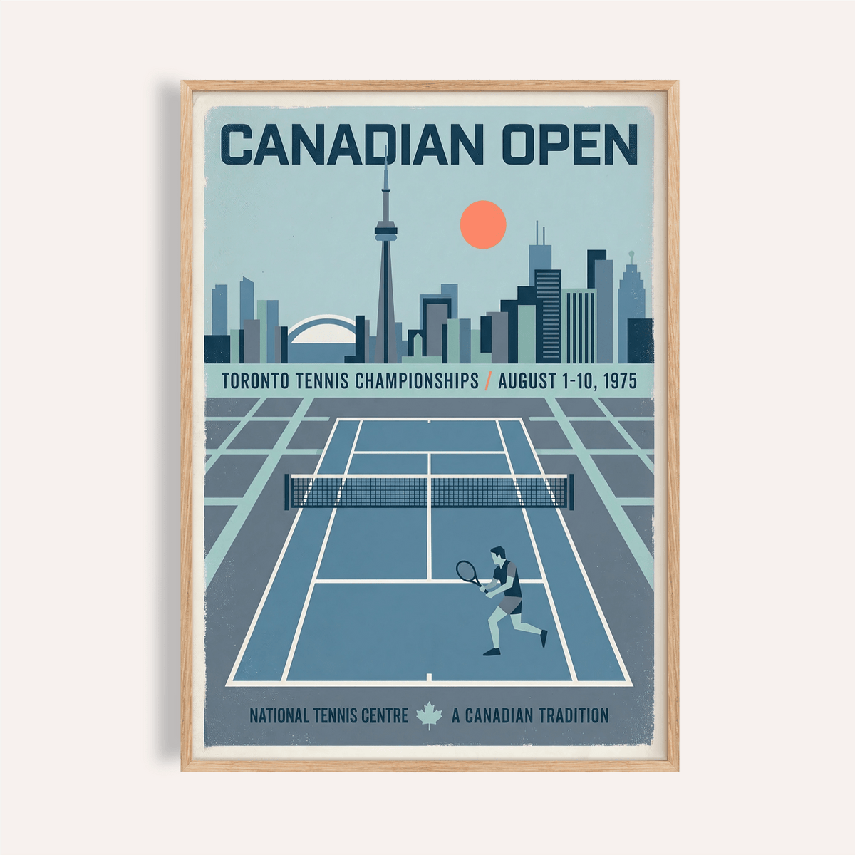 Framed Canadian Open Tennis Art Print of a tennis court and city skyline in blue and orange hues
