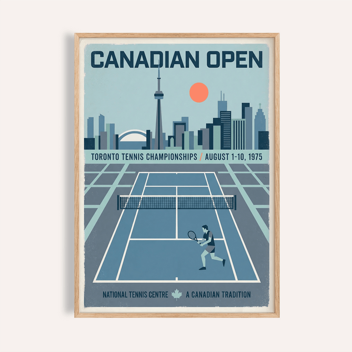 Framed Canadian Open Tennis Art Print of a tennis court and city skyline in blue and orange hues