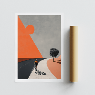 Cycling Landscape Art Print showing a cyclist on a black and white road with orange and grey geometric shapes next to a tree with brown