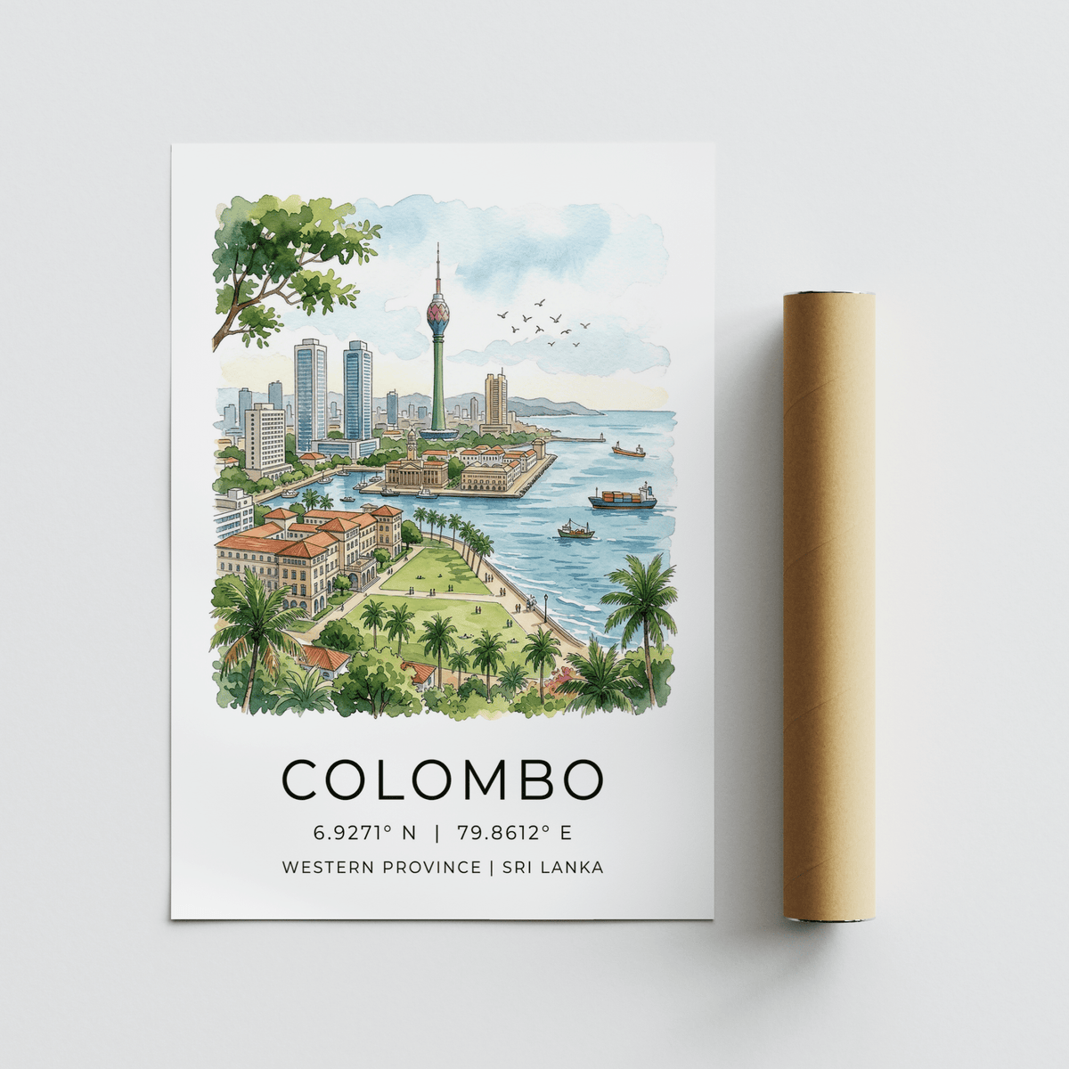 Colombo Skyline Art Print with blue and green watercolour cityscape alongside a packaging tube