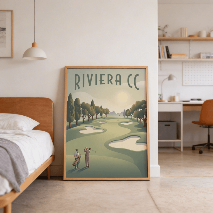 Print leaning on a floor of golf landscape poster with vintage style and muted green tones near a wooden bed