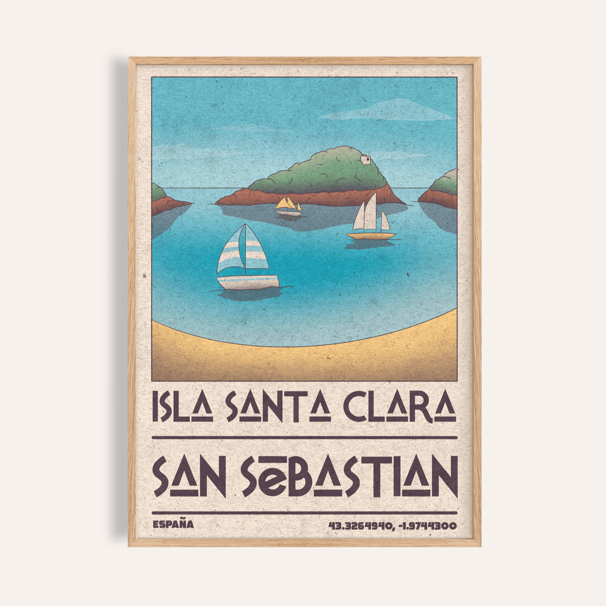 Framed Island Vacation Poster showing an island with sailboats in blue and beige vintage style