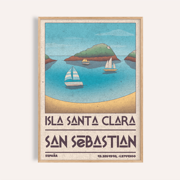 Framed Island Vacation Poster showing an island with sailboats in blue and beige vintage style