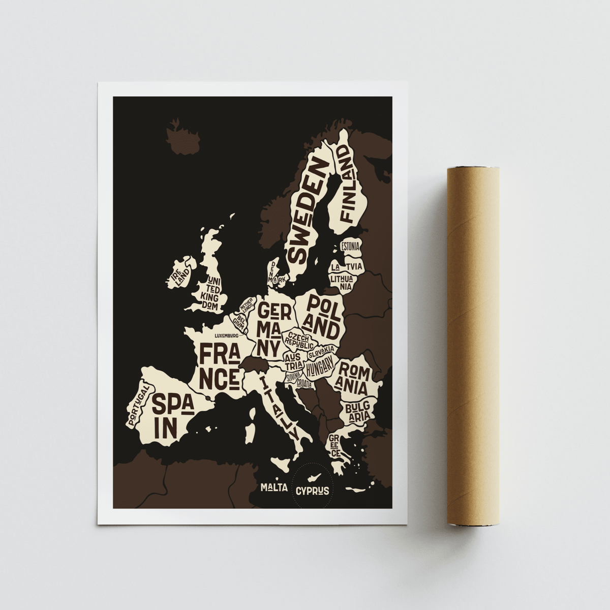 Europe Poster map of Europe with country names in cream and dark brown next to packaging tube