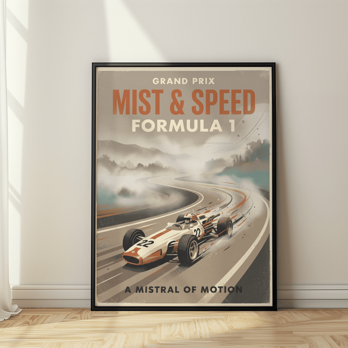 Vintage Racing Car Poster print leaning on floor with wooden parquet and curtain shadows