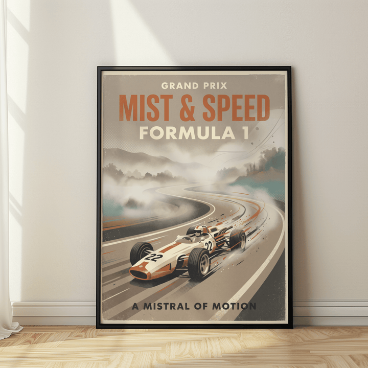 Vintage Racing Car Poster print leaning on floor with wooden parquet and curtain shadows