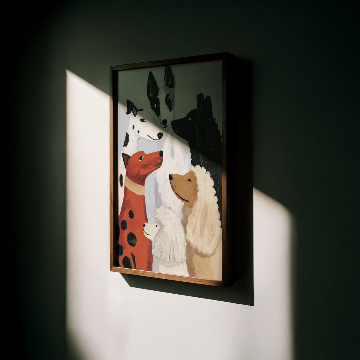 Framed colorful dog poster illustration with six dogs lit by beam of sunlight casting sharp shadow