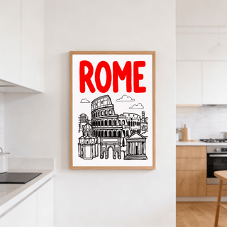 Rome City Art Print hanging on a wall in a kitchen with white cabinets and wooden details