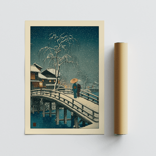 Rolled print of Hasui Kawase Snow Print showing a snowy wooden bridge with two people