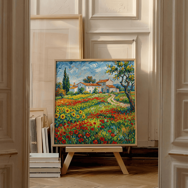 Van Gogh Painting print leaning on a wooden easel with stacked books nearby in a bright room
