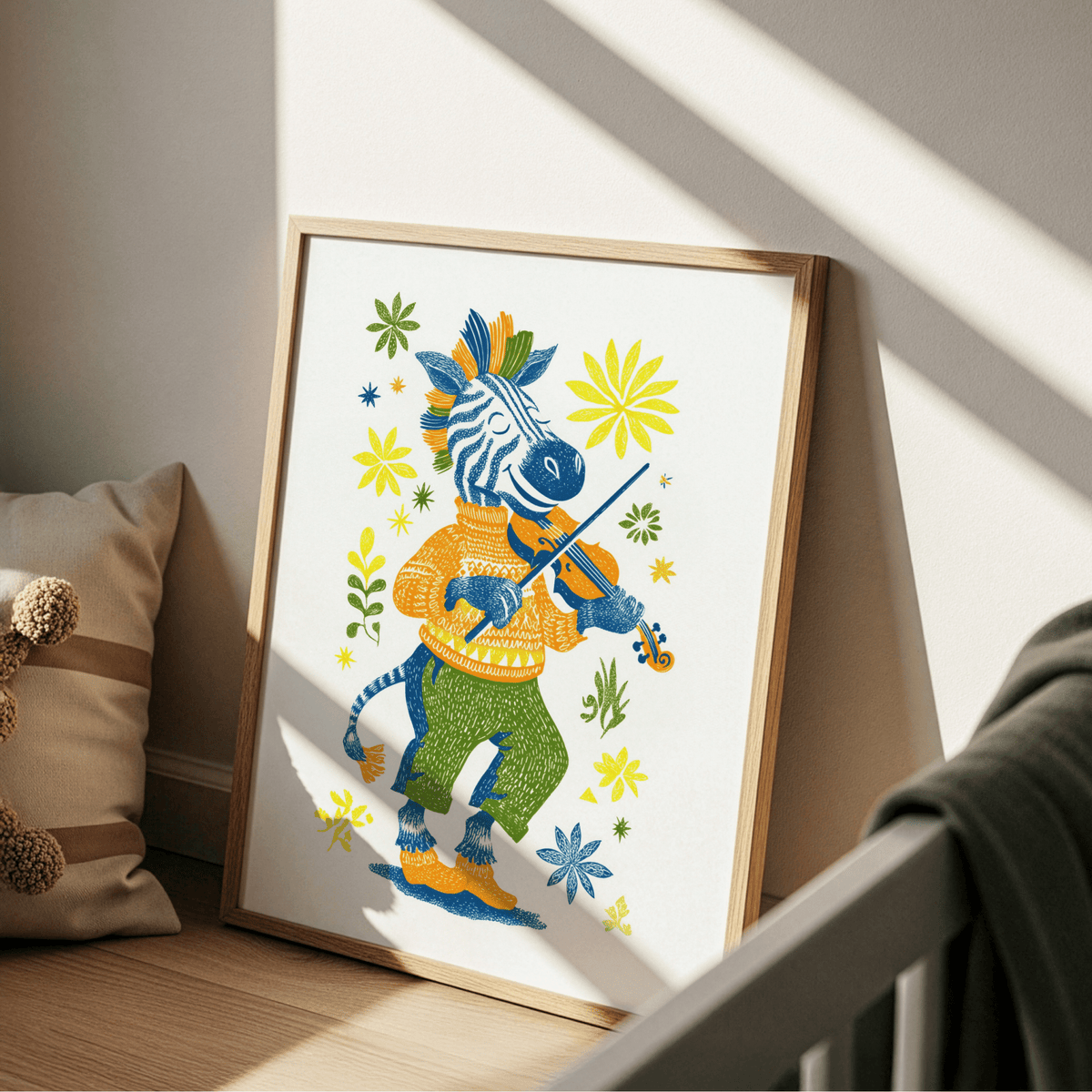 Print leaning on a floor showing a zebra playing violin in folk-art style with bright yellow and green flowers nearby
