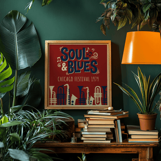 Framed Soul Blues Festival Art poster with musical instruments in red and cream on a dark green wall above a stack of books