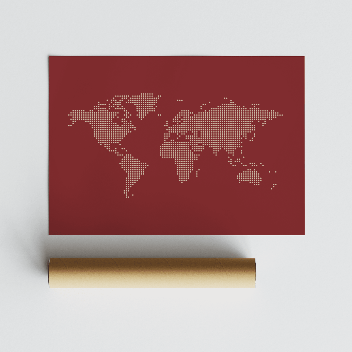 Modern World Map wall poster of a dotted map in white on dark red with a cardboard packaging tube