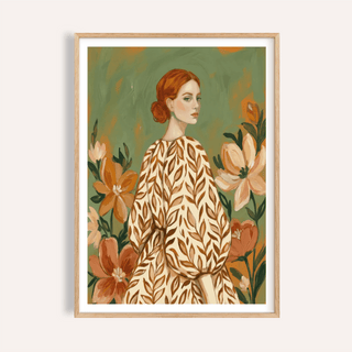 Floral Girl Illustration framed print close-up of a woman in a leaf patterned dress with orange flowers
