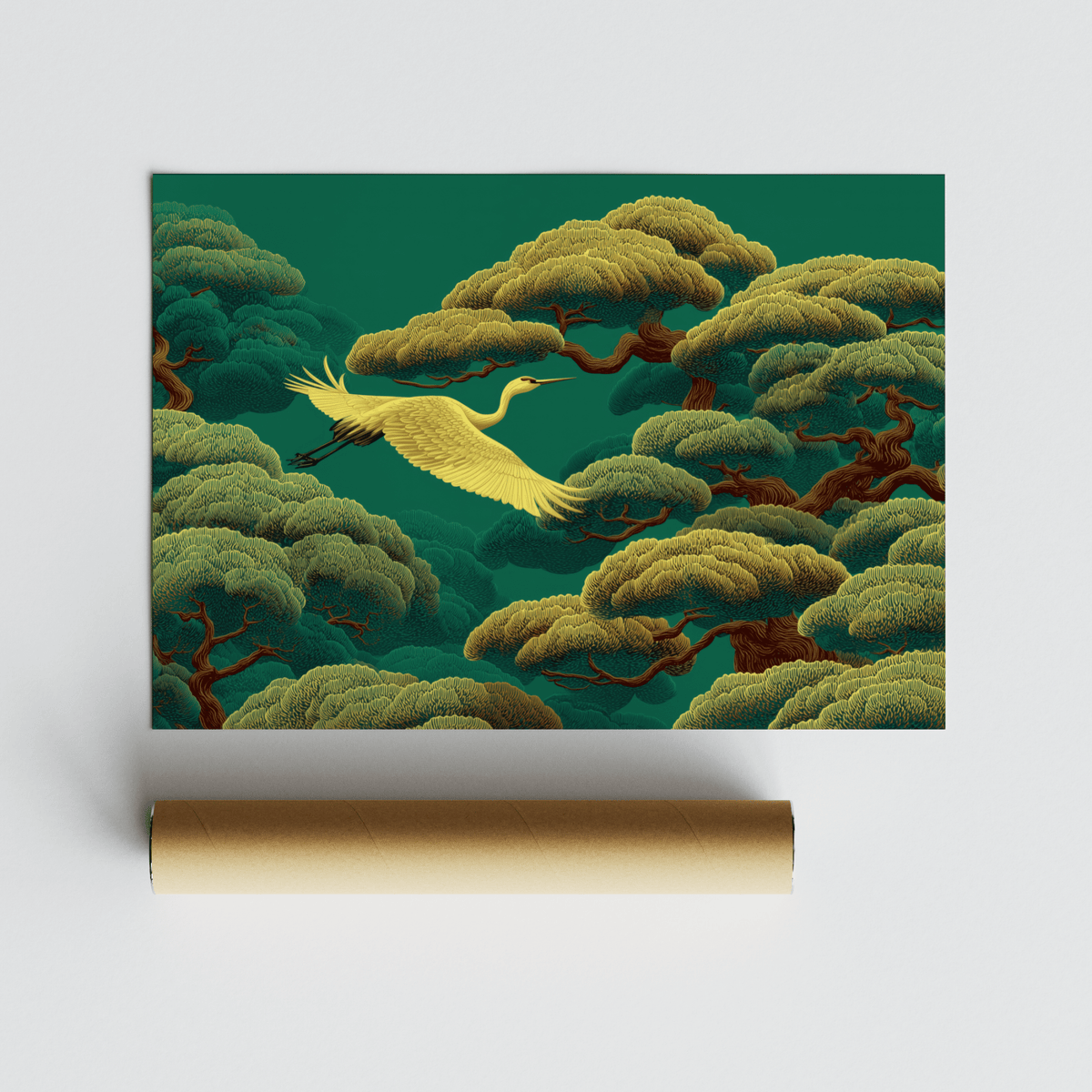 White Crane Painting of a golden crane flying among textured green and brown trees with a packaging tube