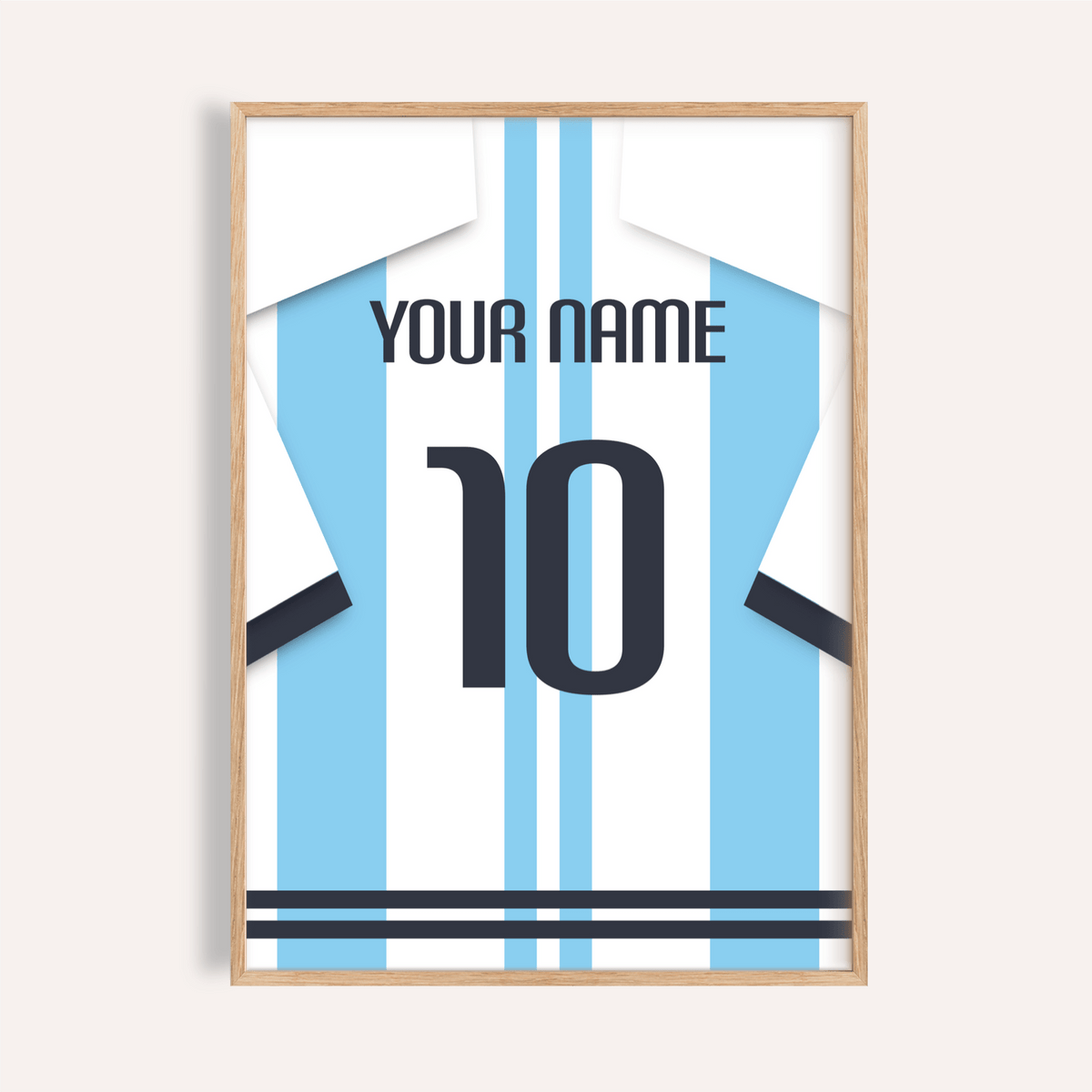 Framed football shirt poster in light blue and white stripes with number 10 close-up