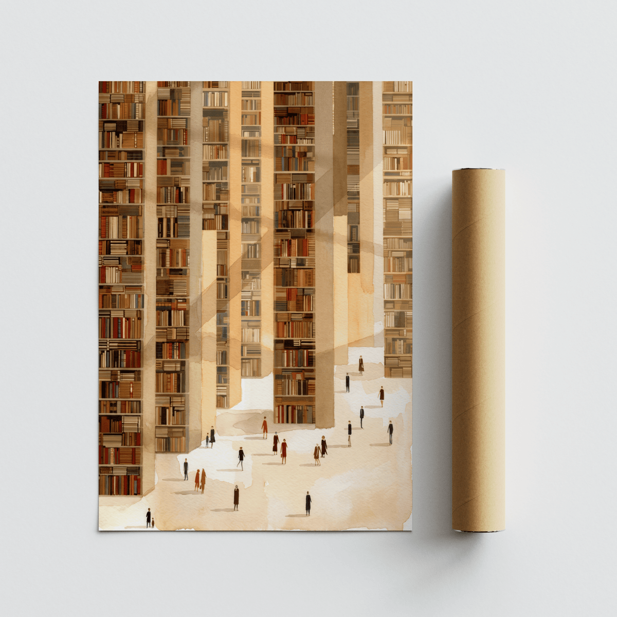 Rolled print next to library art print of endless stacks in brown and beige tones with tiny figures