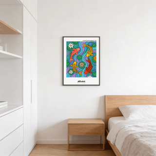 Koi Fish wall art with colourful fish and lily pads in a bedroom above a wooden bedside table