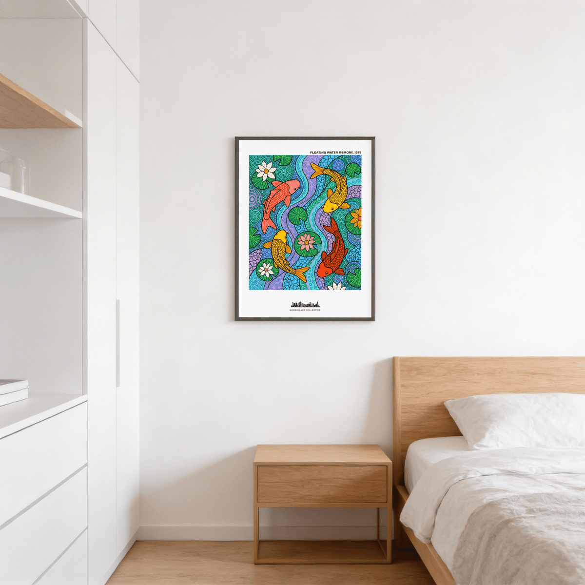 Koi Fish wall art with colourful fish and lily pads in a bedroom above a wooden bedside table