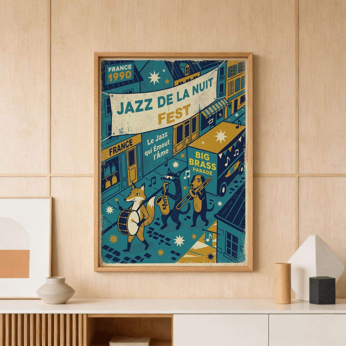 Framed Paris Jazz Poster with fox playing drum and musicians in vintage illustration style above a sideboard