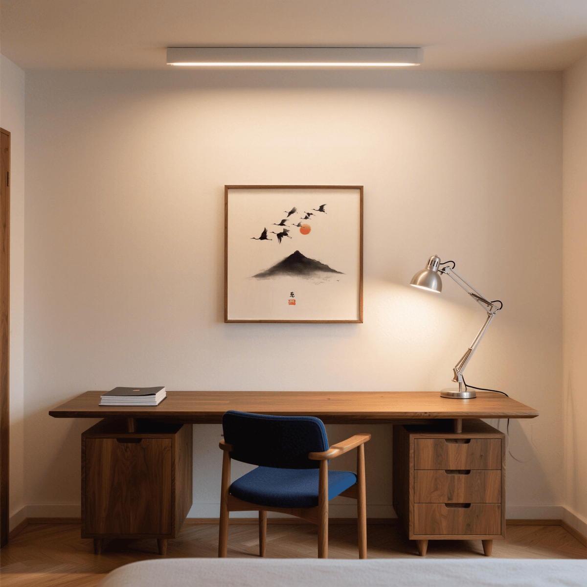 Print on a wall in a minimal office showing flying crane birds and a red sun above a mountain with a desk lamp