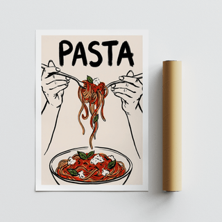 Pasta Art Print flat artwork with spaghetti illustration and packaging tube beside it