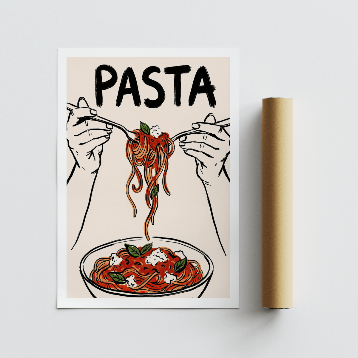 Pasta Art Print flat artwork with spaghetti illustration and packaging tube beside it