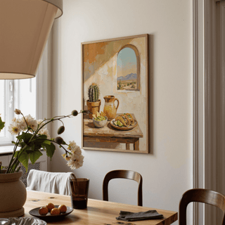 Mexican Food Art framed print of tacos and guacamole still life with warm colours in a dining room