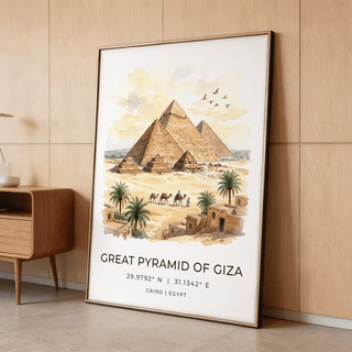 Giza Pyramid wall art leaning on a wooden floor with light brown tones around a cabinet