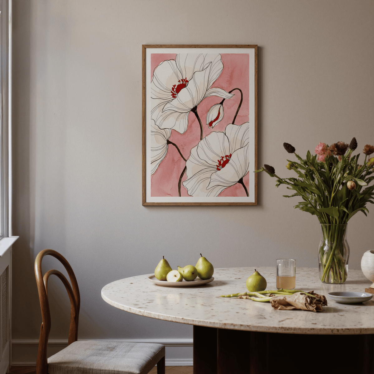 Botanical Floral Art Print with white poppy flowers on pink background above a dining table with pears and flowers