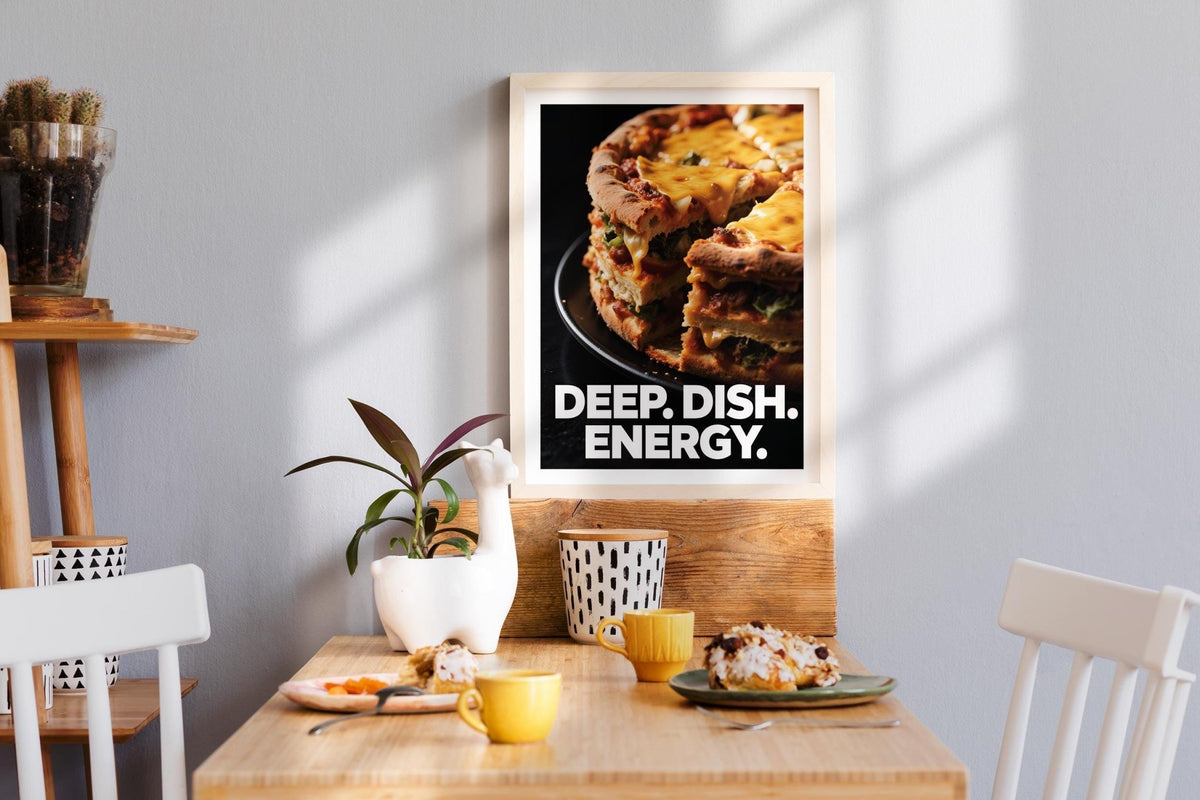 Foodie Gift Idea wall art of deep dish pizza slice above a dining table with breakfast items