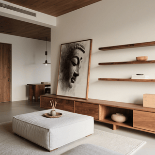 Zen Statue Face Art Print leaning on a wooden sideboard with neutral decorations in a living room