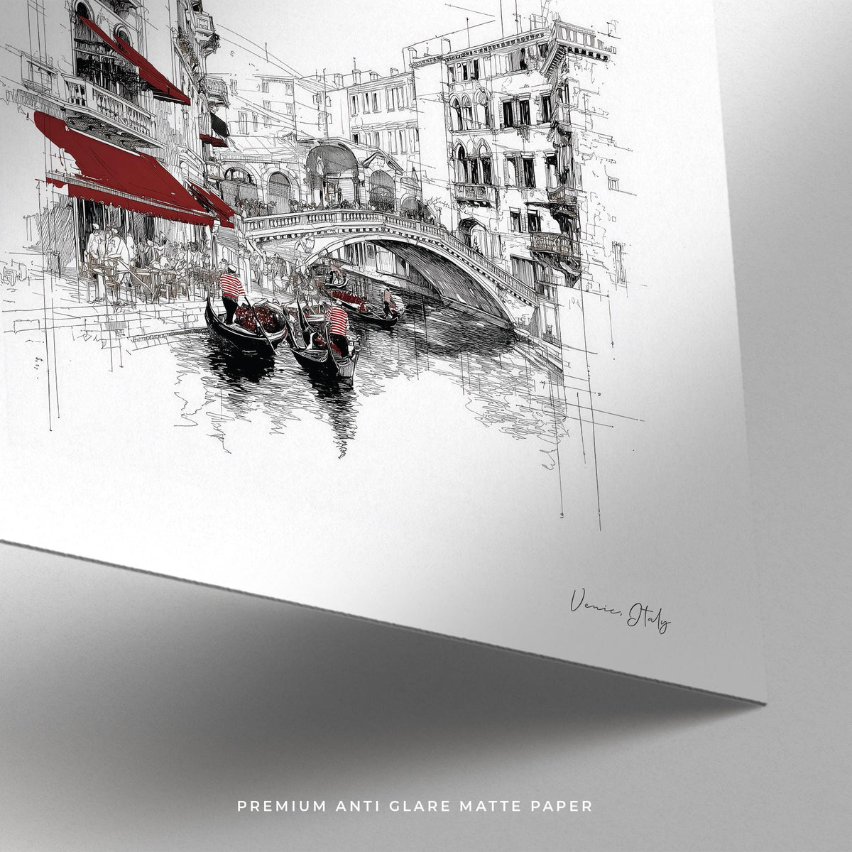 Close-up of Wall Art of Venice Italy showing gondolas and buildings with red awnings on matte paper