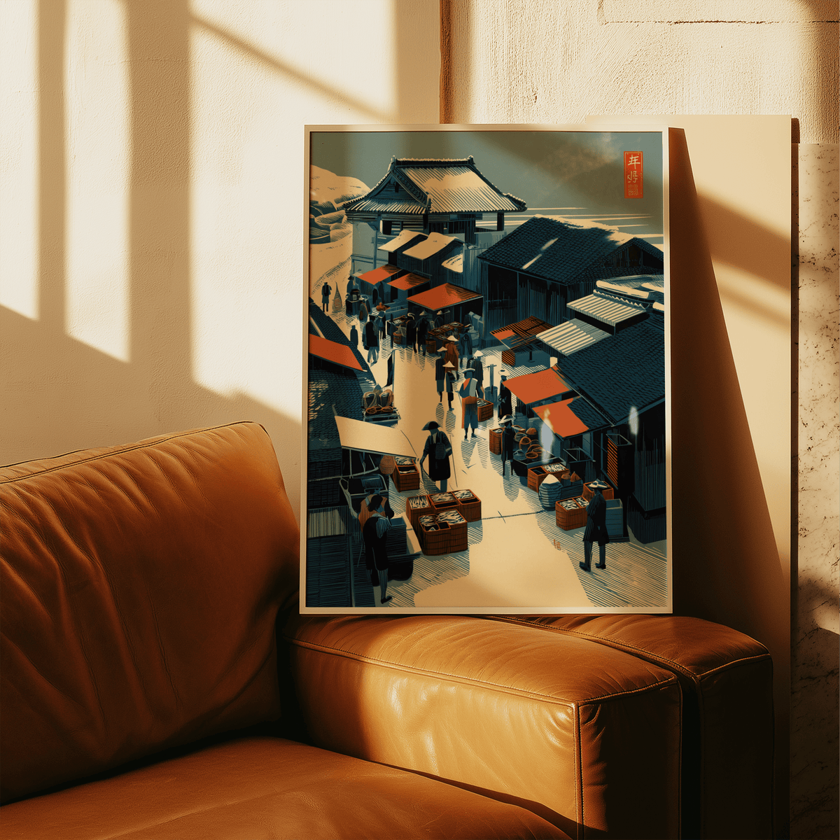Print leaning on a sofa of a traditional market scene with red awnings in Japanese ink style