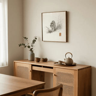 Tiger Ink Painting hanging above a wooden sideboard with a tea set in a dining room