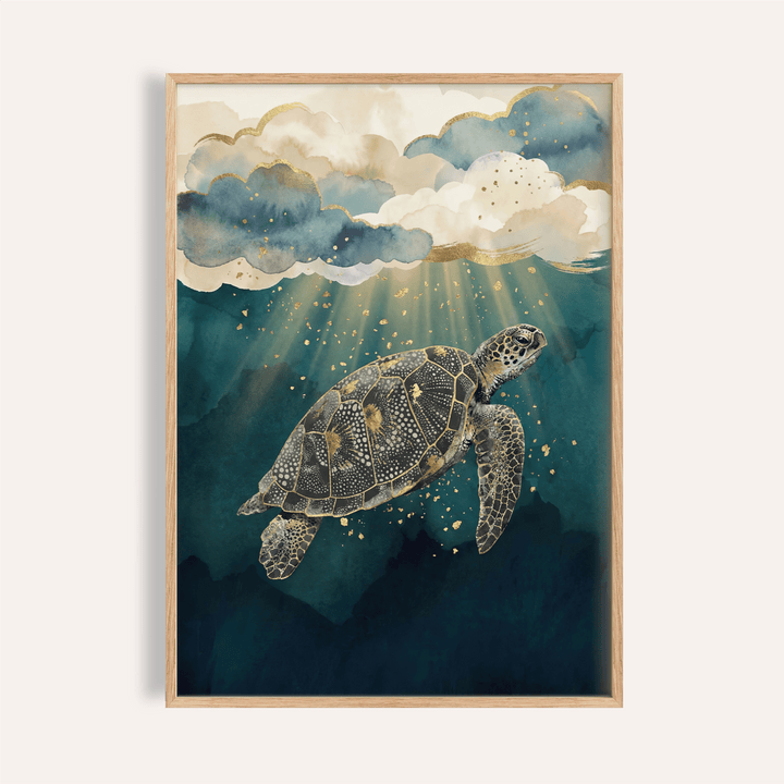 Framed Ocean Print Decor featuring a watercolour sea turtle with blue and gold tones