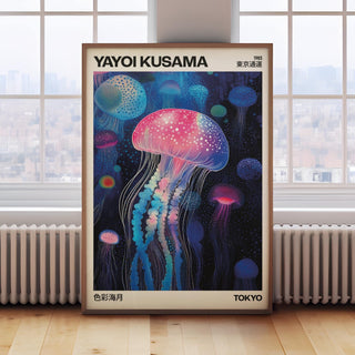 Jelly Fish wall art of glowing jellyfish with pink and blue tones leaning on floor by radiator