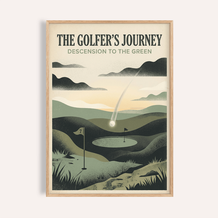 Framed print close-up of golf landscape art print with a minimalist golf course green illustration