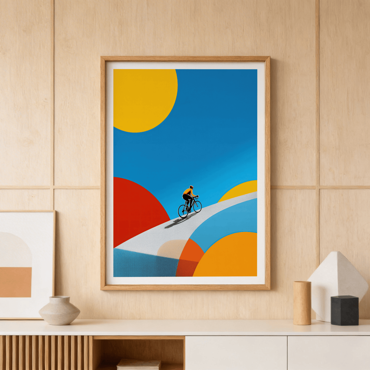 Abstract bike poster of a cyclist on a road with blue sky framed on a wall above a shelf