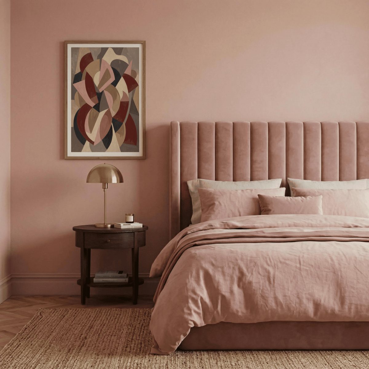Minimalist Abstract wall art with abstract geometric shapes in reds and browns above a wooden side table with a lamp in a pink bedroom