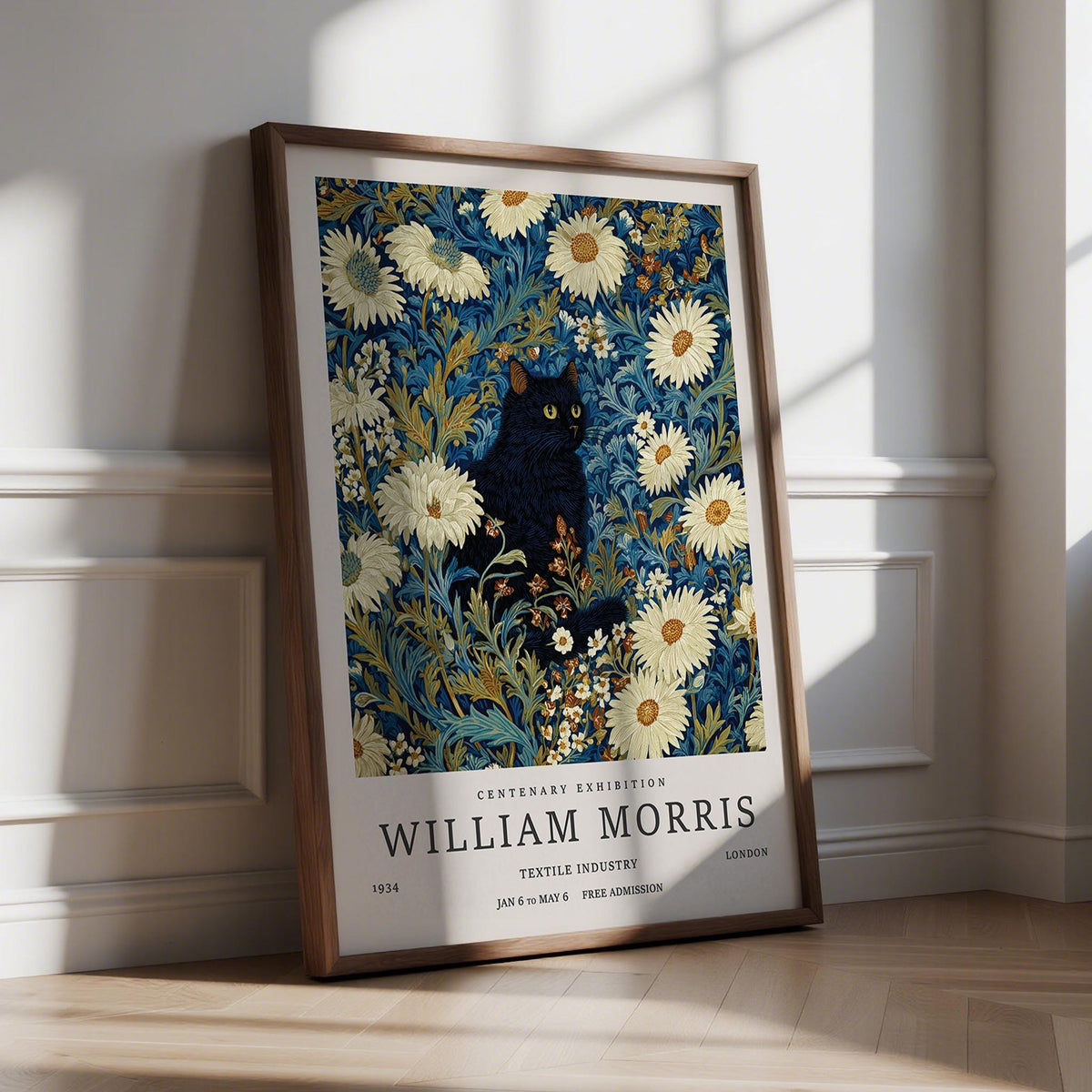 Black Cat Art Print with sleek feline surrounded by white daisies and blue foliage.