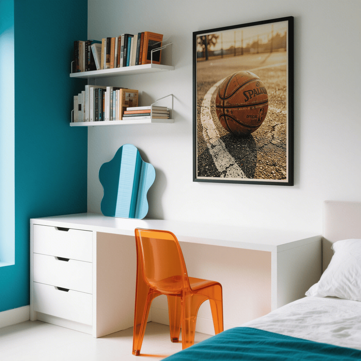 Basketball Court wall art of a worn basketball on a sunlit court in a bedroom above a desk