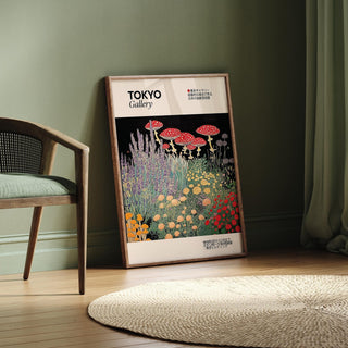 Floral Prints Vintage leaning print of red spotted mushrooms and wildflowers by a green wall and chair
