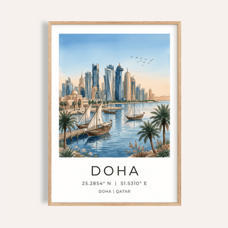 Framed Doha City Art Print of a watercolour Doha skyline with traditional boats and birds flying