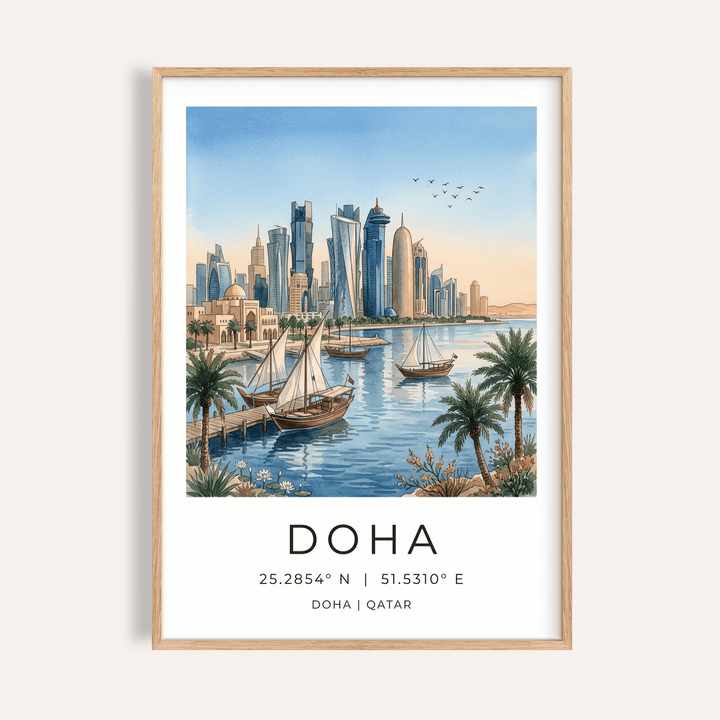 Framed Doha City Art Print of a watercolour Doha skyline with traditional boats and birds flying
