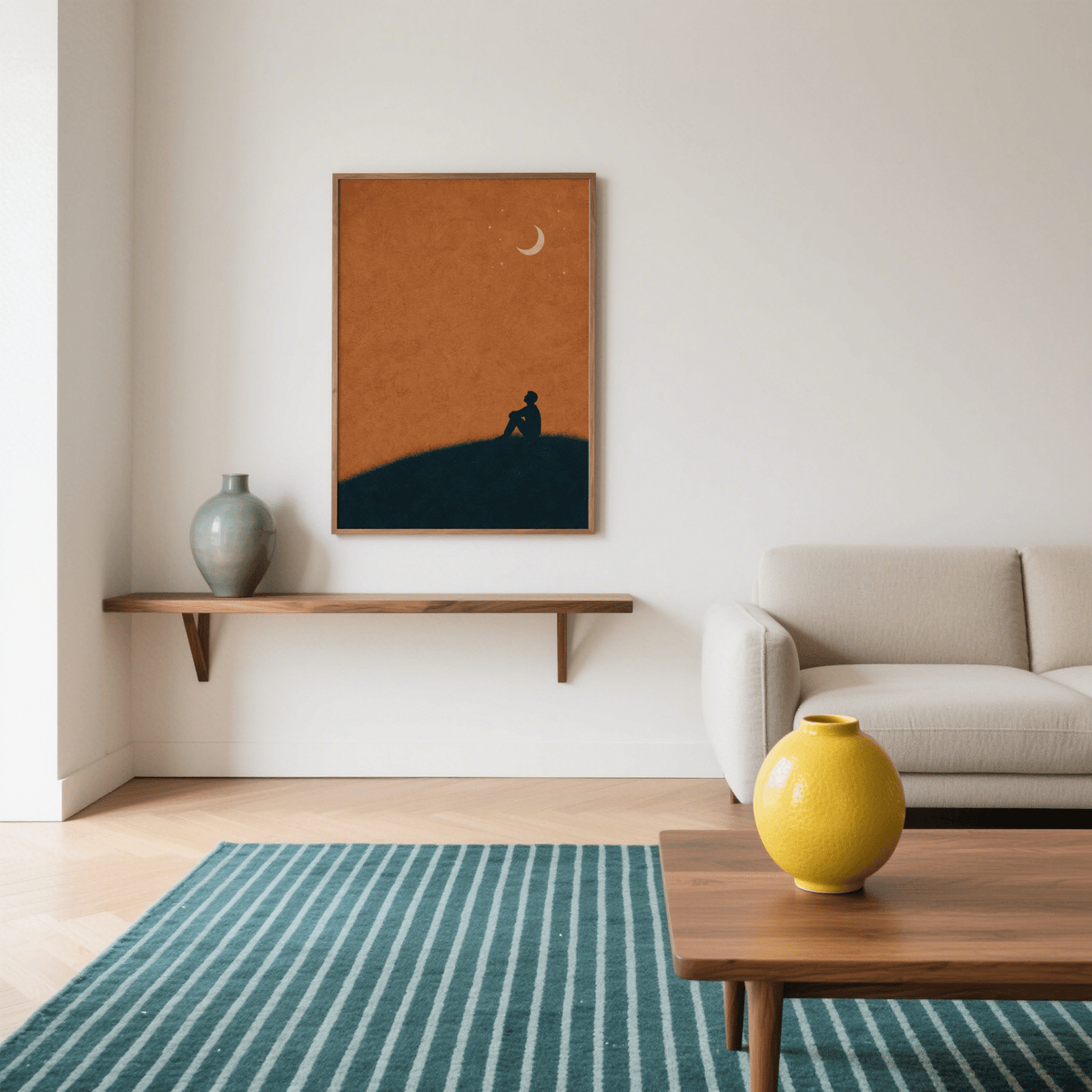 Night Silhouette Poster print with blue and brown minimalist illustration above a wooden shelf with a vase