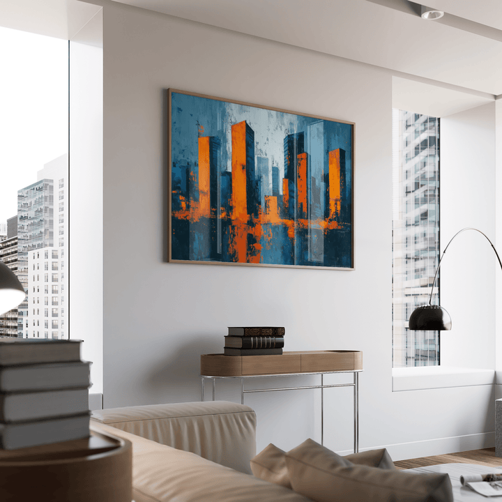 Cityscape wall art of abstract skyline in blue and orange above a wooden console in a modern living room