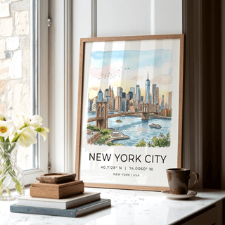 New York City wall art leaning on a windowsill with a cup and books nearby