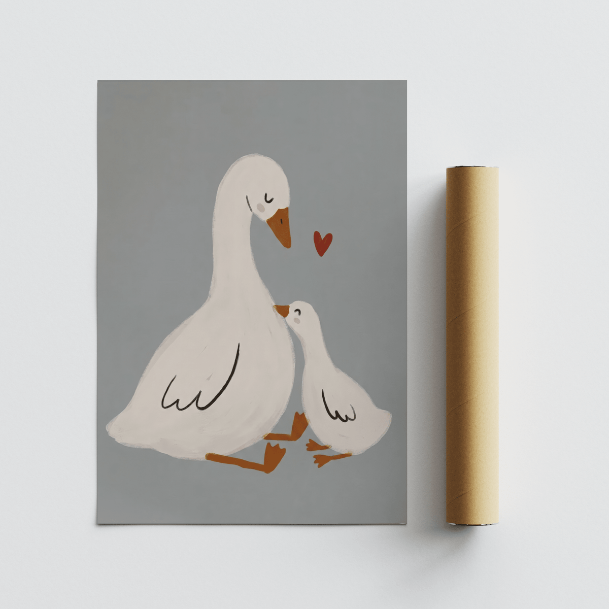 Mother Goose Art Print laid flat with a rolled packaging tube showing a goose and gosling on a grey background