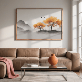 Autumn Tree wall art of orange autumn trees and grey hills above a brown sofa with an orange vase on a glass table